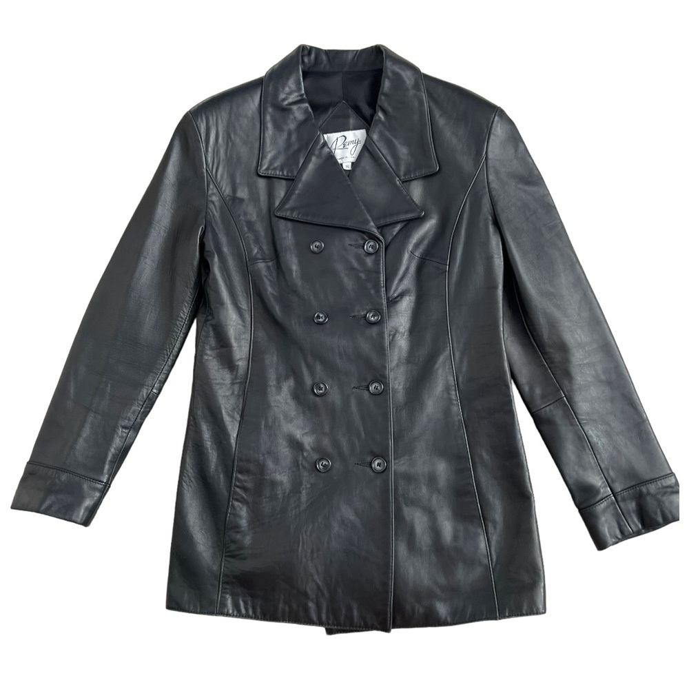 Vintage 90s Women’s Remy Black Leather Double Breasted Leather Car Coat